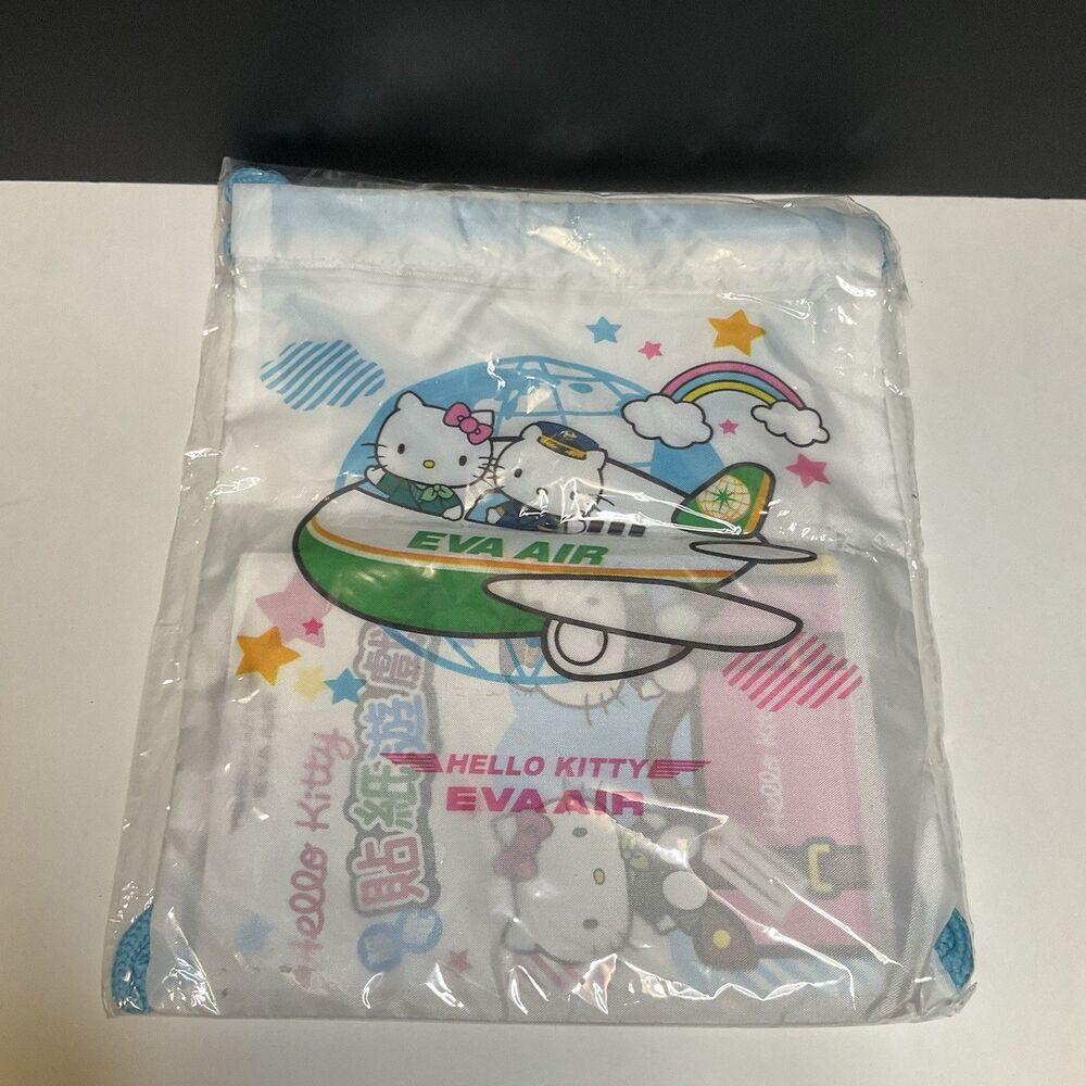 Eva Air Hello Kitty Nylon Drawstring Goodie Bag Sanrio Puzzle Coloring Book Pen
